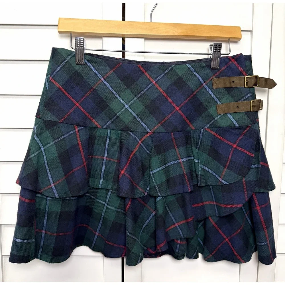 Ralph Lauren Black Watch Tartan Plaid Ruffle Buckle Skirt Preppy Girl's Size 16